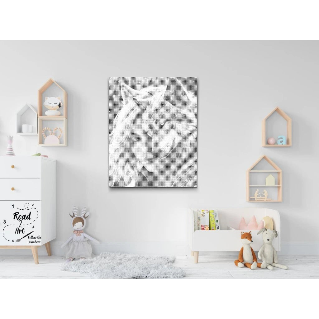 PRICKMÅLNING KVINNA MED VARG – DOT PAINTING-KIT MED MARKÖR