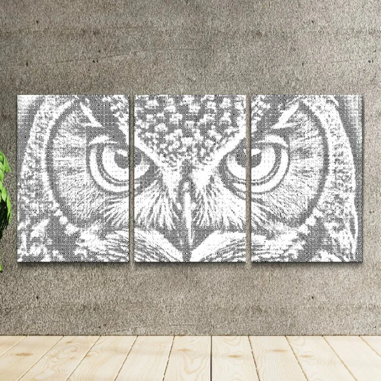 Uggla prickmålning triptyk tavla