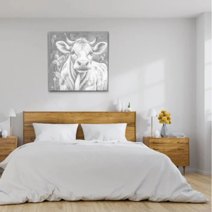 Dot Painting Fröhliche Kuh – Punktmalerei Tiermotiv mit lachender Kuh im Cartoon-Stil