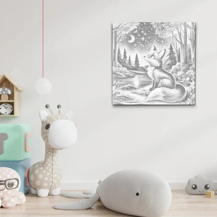 Stjärnnatt i skogen prickmålning – magiskt skogsmotiv i dot painting stil