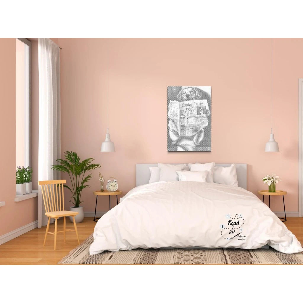 Dot painting på canvas med hund som läser morgontidningen