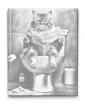 Prickmålning på canvas med humoristiskt motiv av katt sittande på toalett och läsande tidning