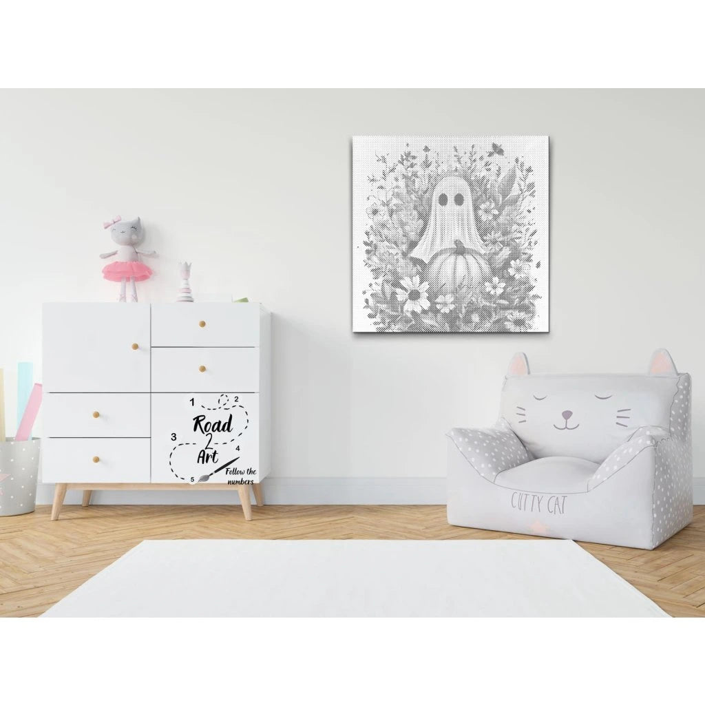 Spöke med pumpa och blommor halloween | Prickmålning som färdigt prickmålning motiv