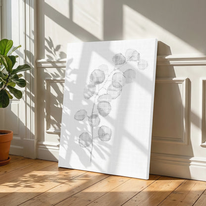 White decorative panel with geometric patterns on a wooden floor in a sunlit room. Eucalyptus Branch | Dot Painting Kit