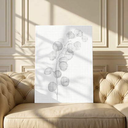 Decorative wall art with geometric design on a white background, displayed in a room with beige walls and furniture. Eucalyptus Branch | Dot Painting Kit