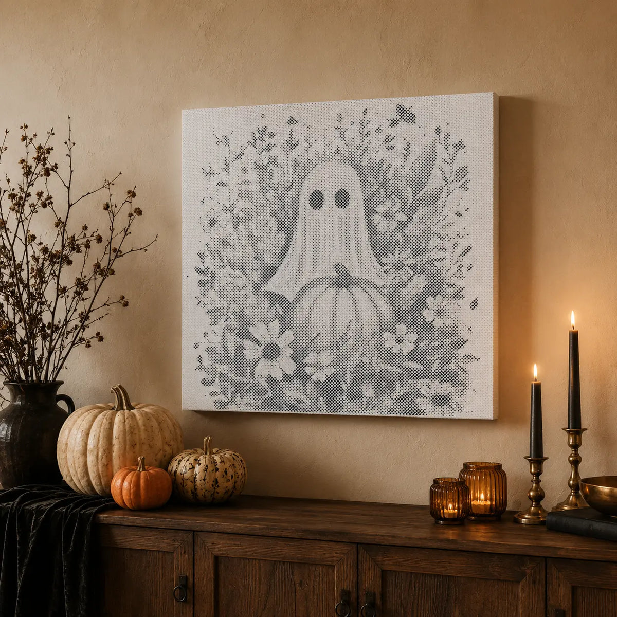 Spöke med pumpa och blommor halloween | Prickmålning som färdigt prickmålning motiv
