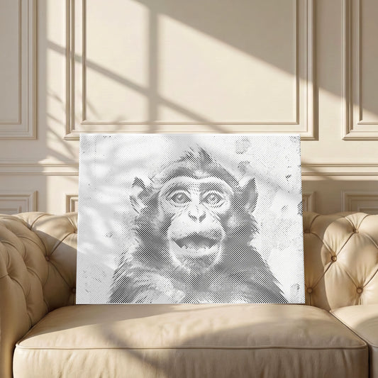 A rectangular wall art print featuring a black-and-white sketch of a monkey face, displayed on a beige tufted sofa in a sunlit room with decorative paneling. Happy Monkey | Dot Painting Kit