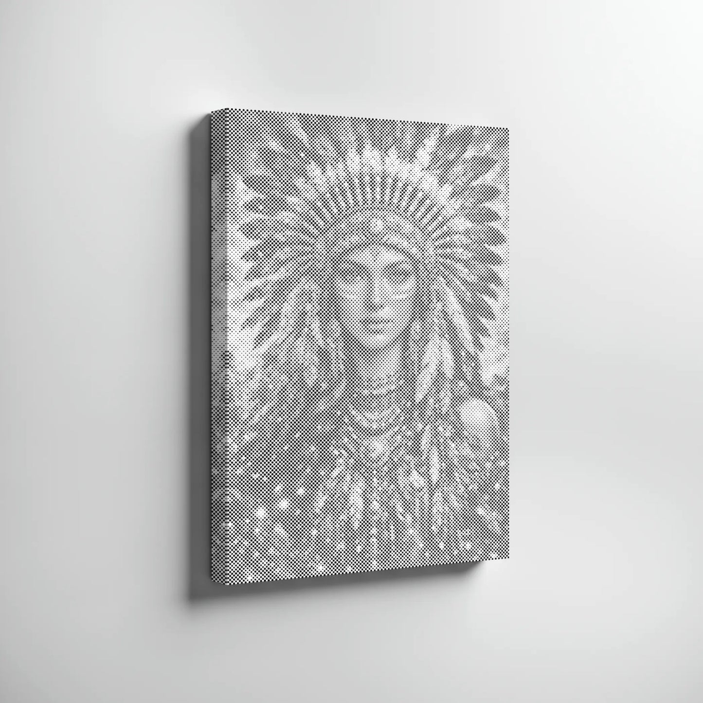 Canvas print of a stylized portrait with a headdress on a white wall Native American Woman Portrait | Dot Painting Kit