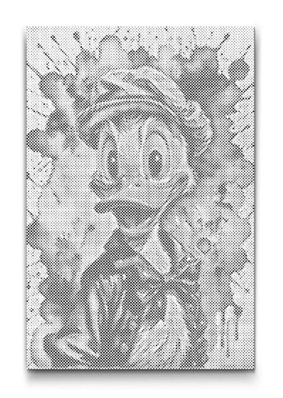 Prickmålning på canvas med Kalle Anka i ett konstnärligt och lekfullt motiv