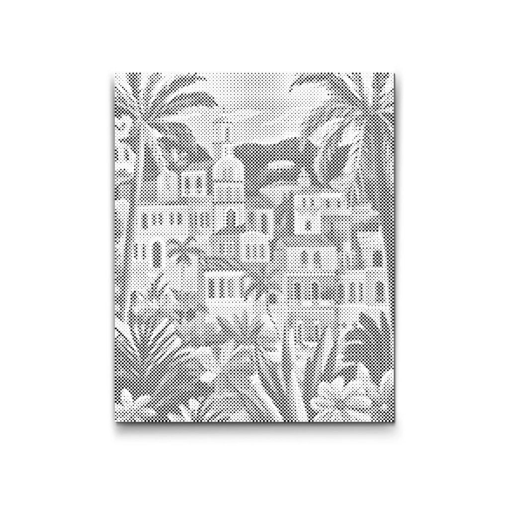 Prickmålning motiv av tropisk stad med palmer och byggnader