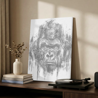 Decorative wall art on a shelf with books and a vase in a room setting gorilla portrait dot painting kit on canvas