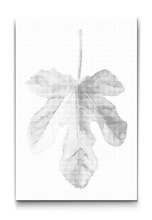 Prickmålning på canvas med fikonblad i minimalistisk botanisk stil