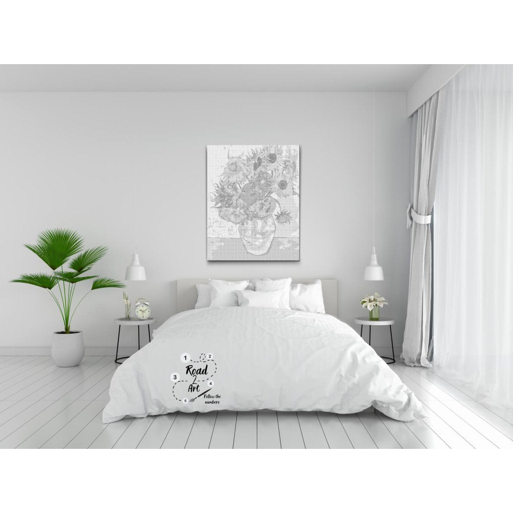 Prickmålning på canvas inspirerad av Van Goghs solrosor i vas i konstnärlig tolkning