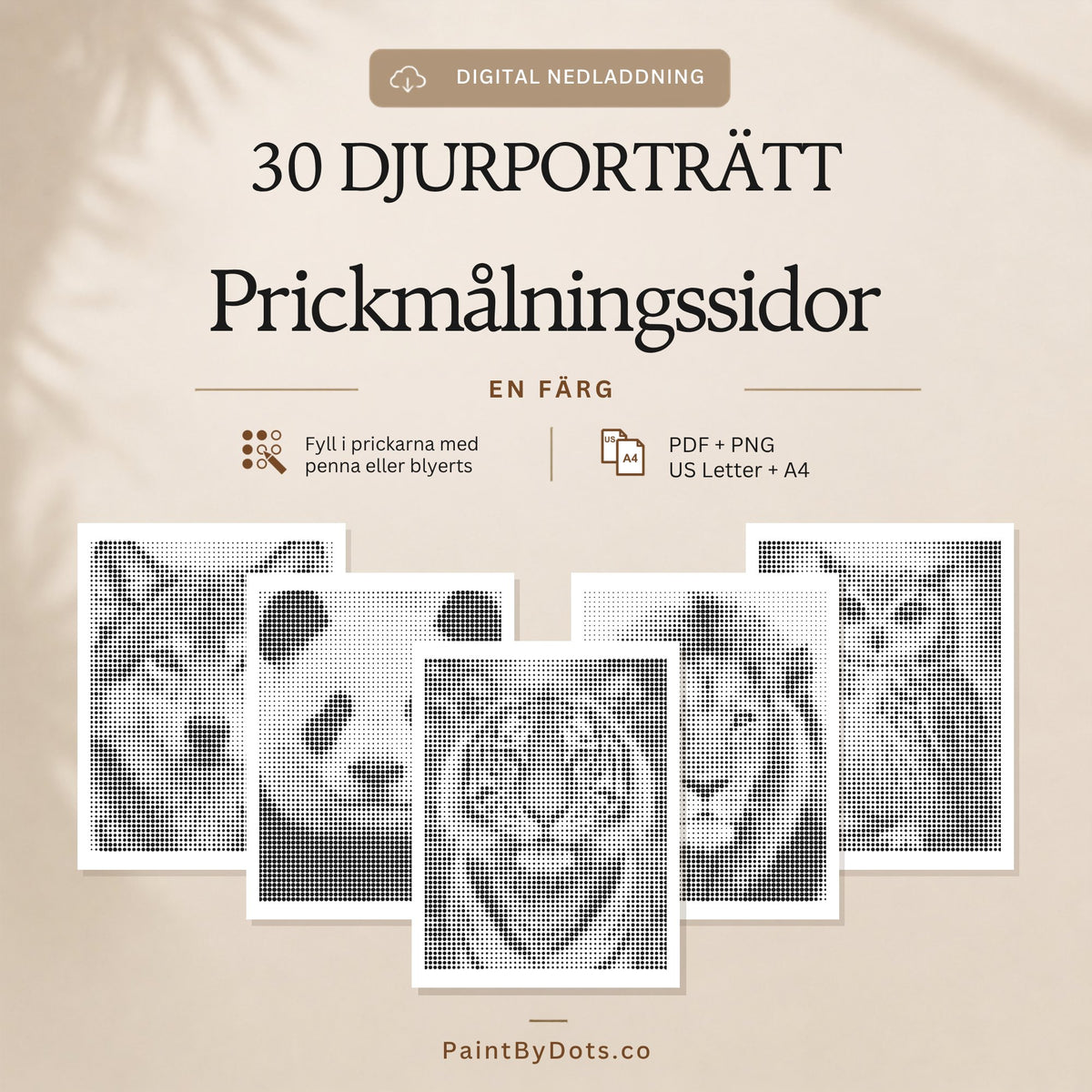 Djurporträtt digital nedladdning med 30 utskrivbara prickmålningssidor (dot painting)