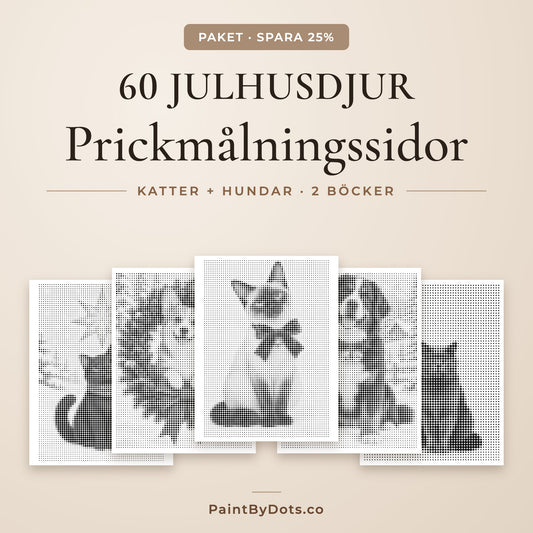 Julhusdjur prickmålning paket med 60 utskrivbara sidor från 2 böcker