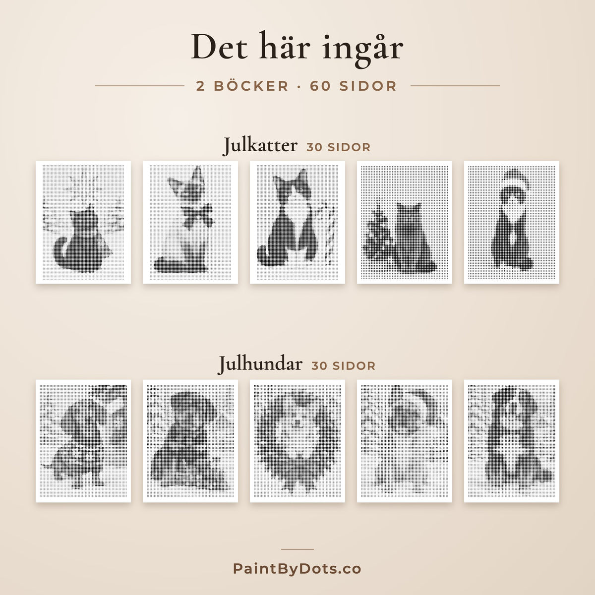 Innehållet i Julhusdjur prickmålning paketet: Julkatter och Julhundar