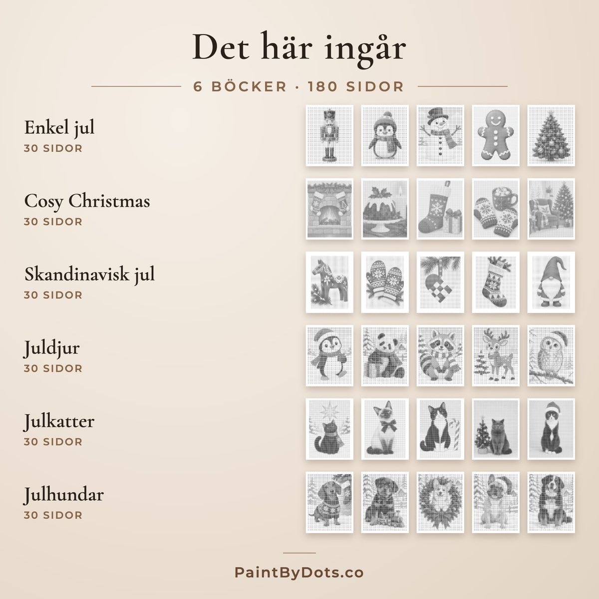 Innehållet i Den kompletta julsamlingen prickmålning paketet: Enkel jul, Cosy Christmas, Skandinavisk jul, Juldjur, Julkatter och Julhundar
