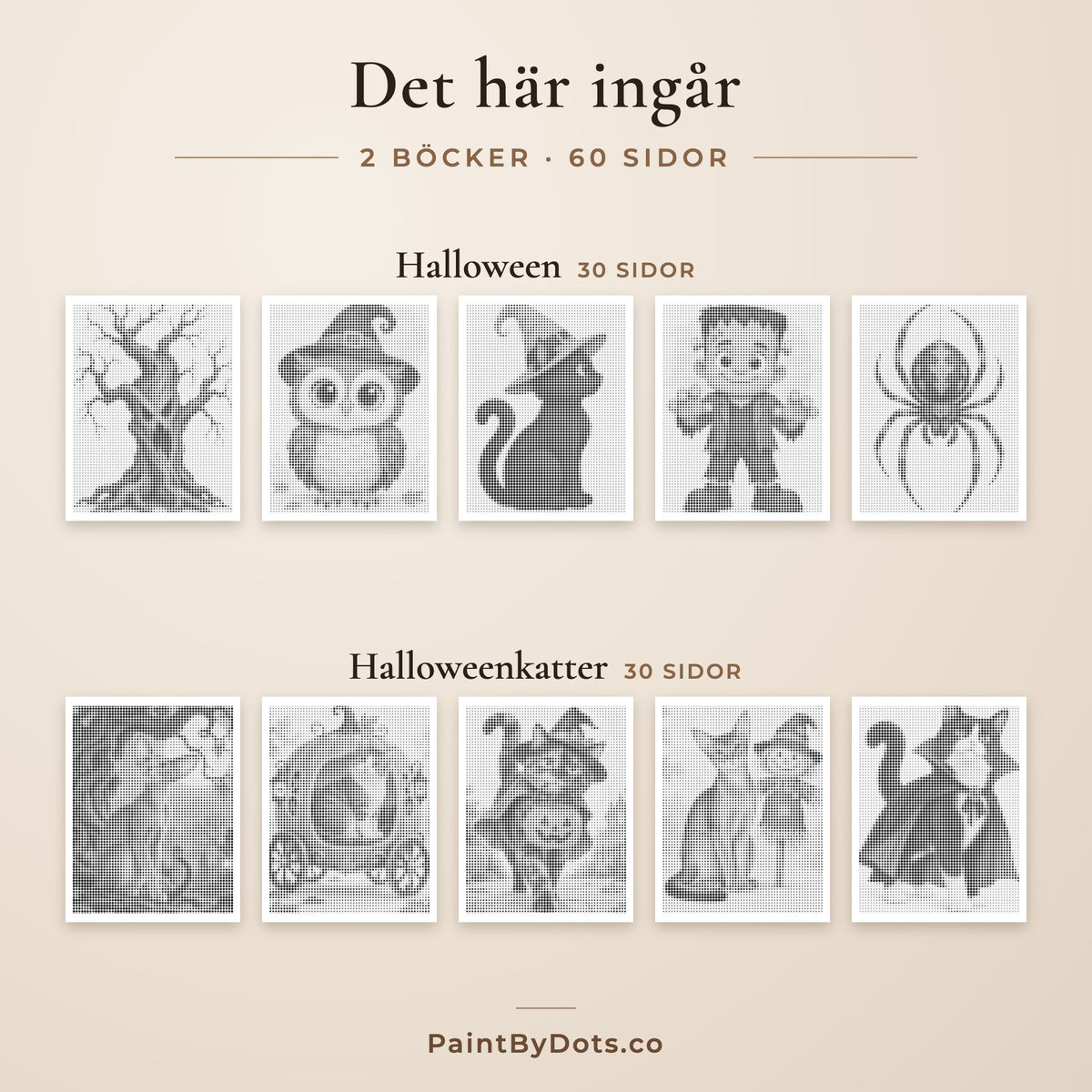 Innehållet i Halloween prickmålning paketet: Halloween och Halloweenkatter