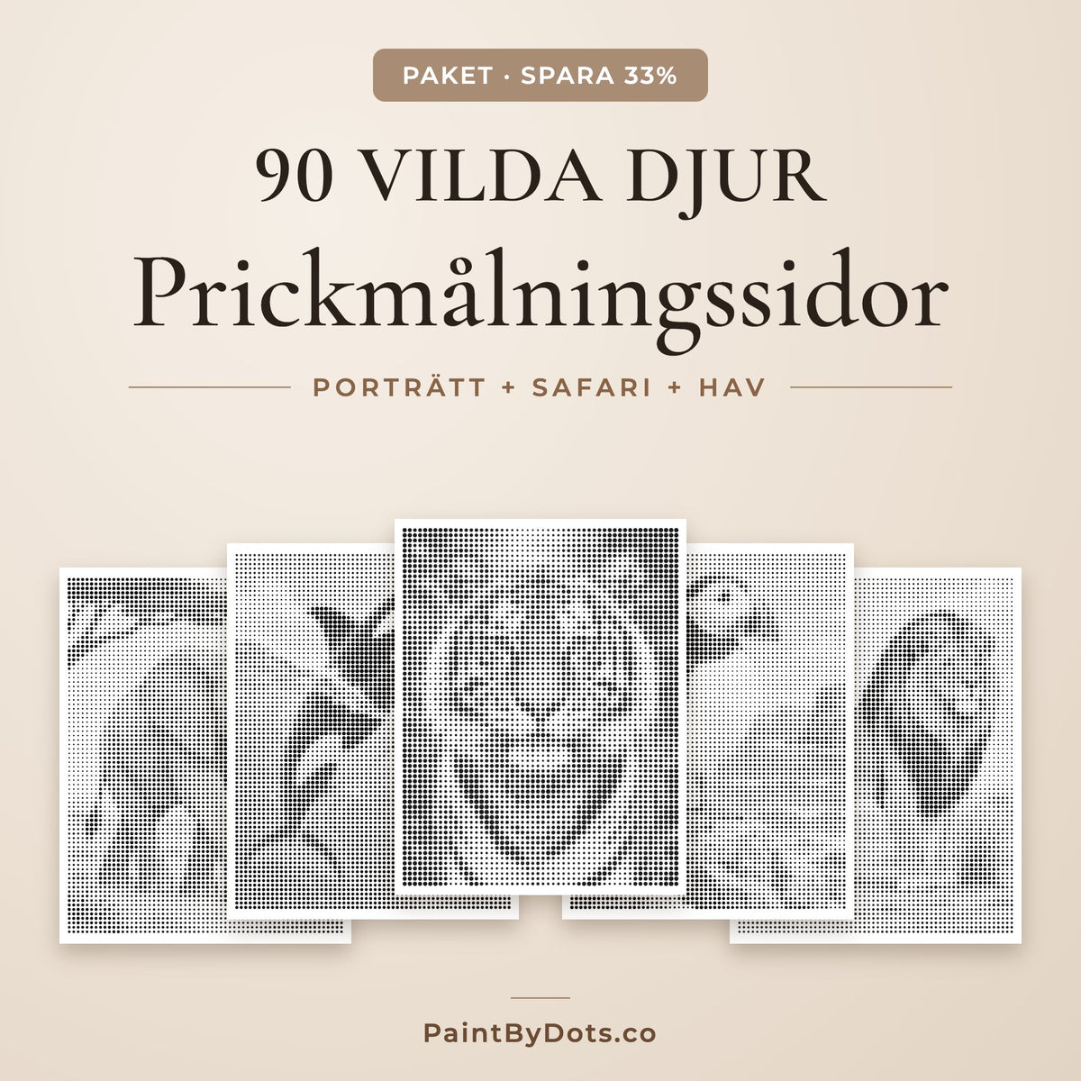 Vilda djur prickmålning paket med 90 utskrivbara sidor från 3 böcker