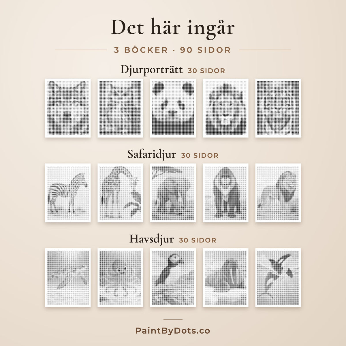 Innehållet i Vilda djur prickmålning paketet: Djurporträtt, Safaridjur och Havsdjur