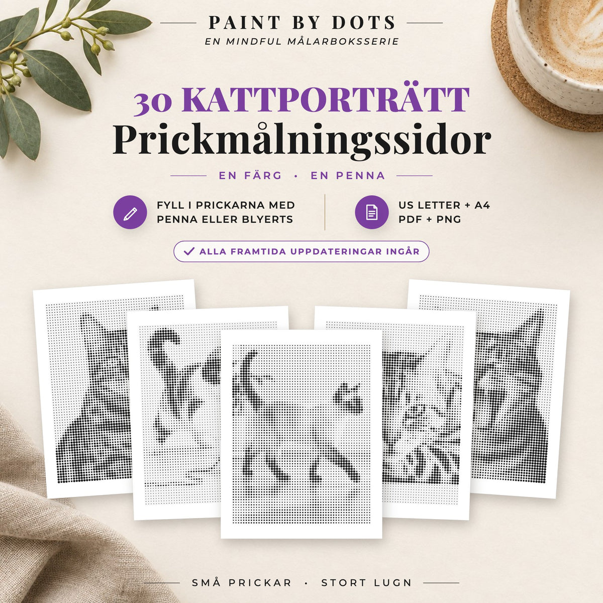 Omslag till Kattporträtt prickmålningsbok med 30 utskrivbara kattmotiv