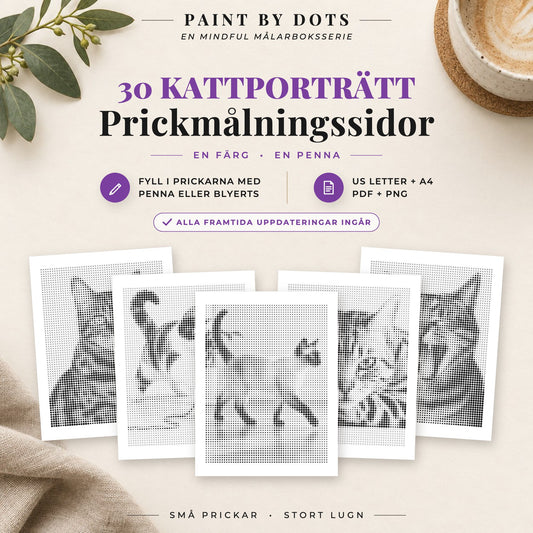 Omslag till Kattporträtt prickmålningsbok med 30 utskrivbara kattmotiv