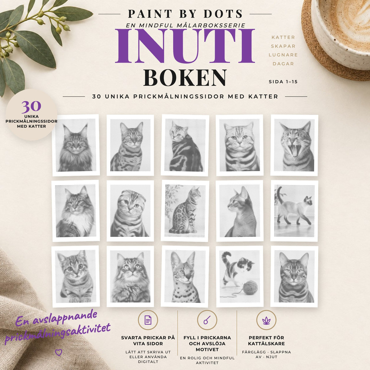 Förhandsvisning av utskrivbara Kattporträtt prickmålningsmotiv, sidor 1 till 15