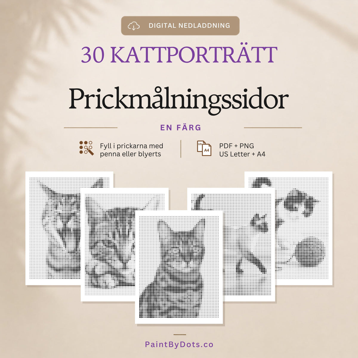 Kattporträtt digital nedladdning med 30 utskrivbara prickmålningssidor (dot painting)