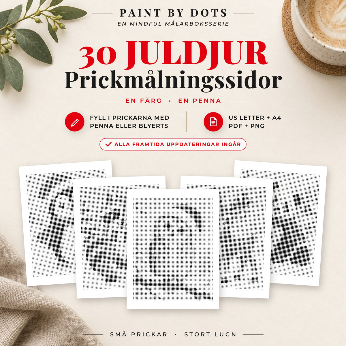 Omslag till Juldjur prickmålningsbok med 30 utskrivbara djurmotiv till jul