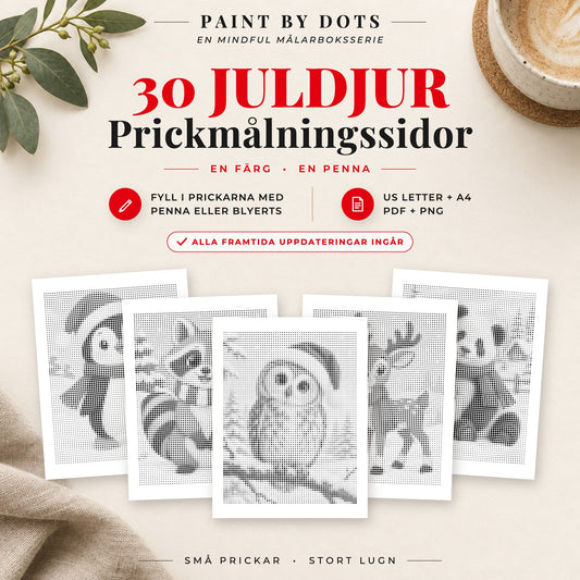 Omslag till Juldjur prickmålningsbok med 30 utskrivbara djurmotiv till jul