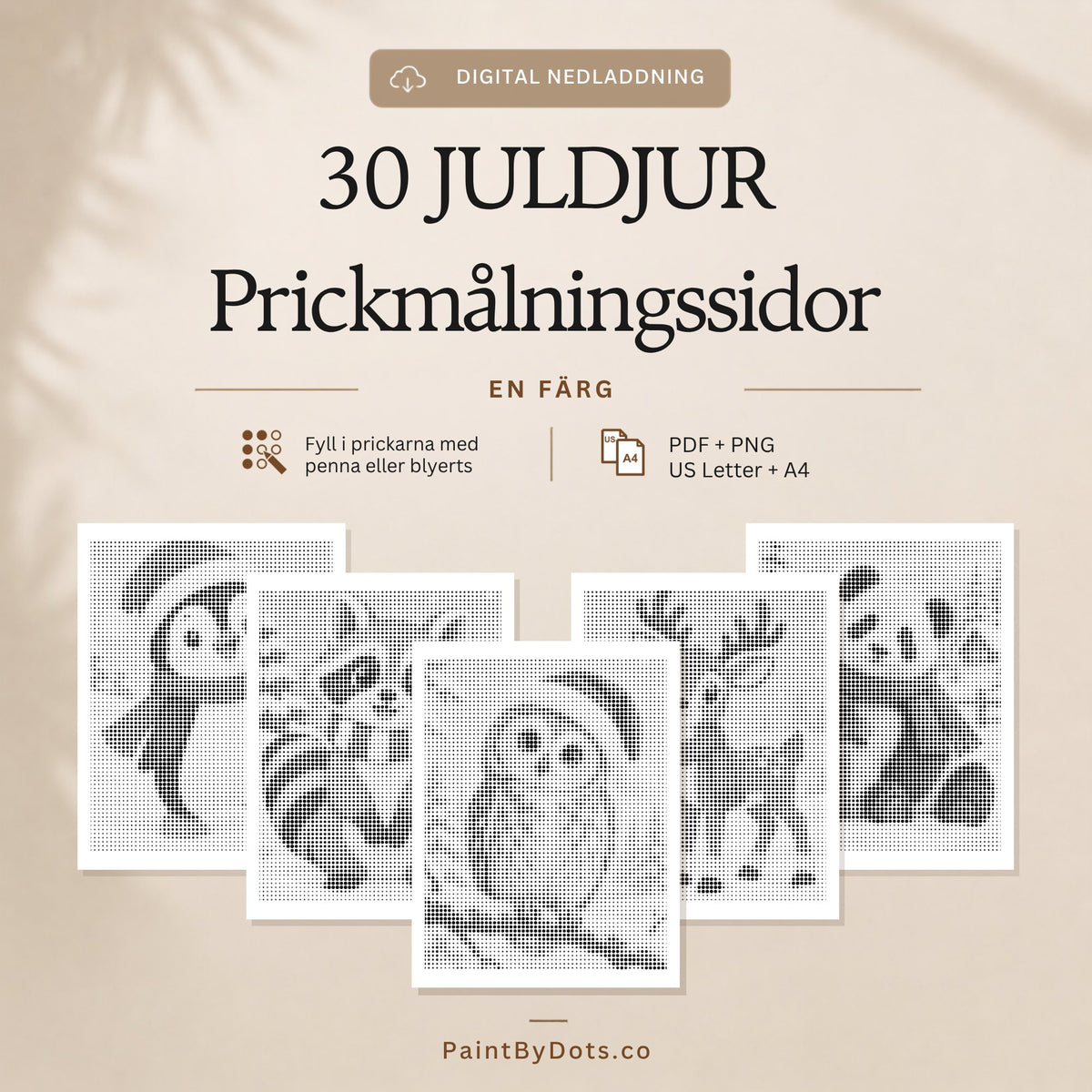 Juldjur digital nedladdning med 30 utskrivbara prickmålningssidor (dot painting)