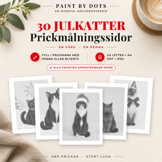 Omslag till Julkatter prickmålningsbok med 30 utskrivbara kattmotiv till jul
