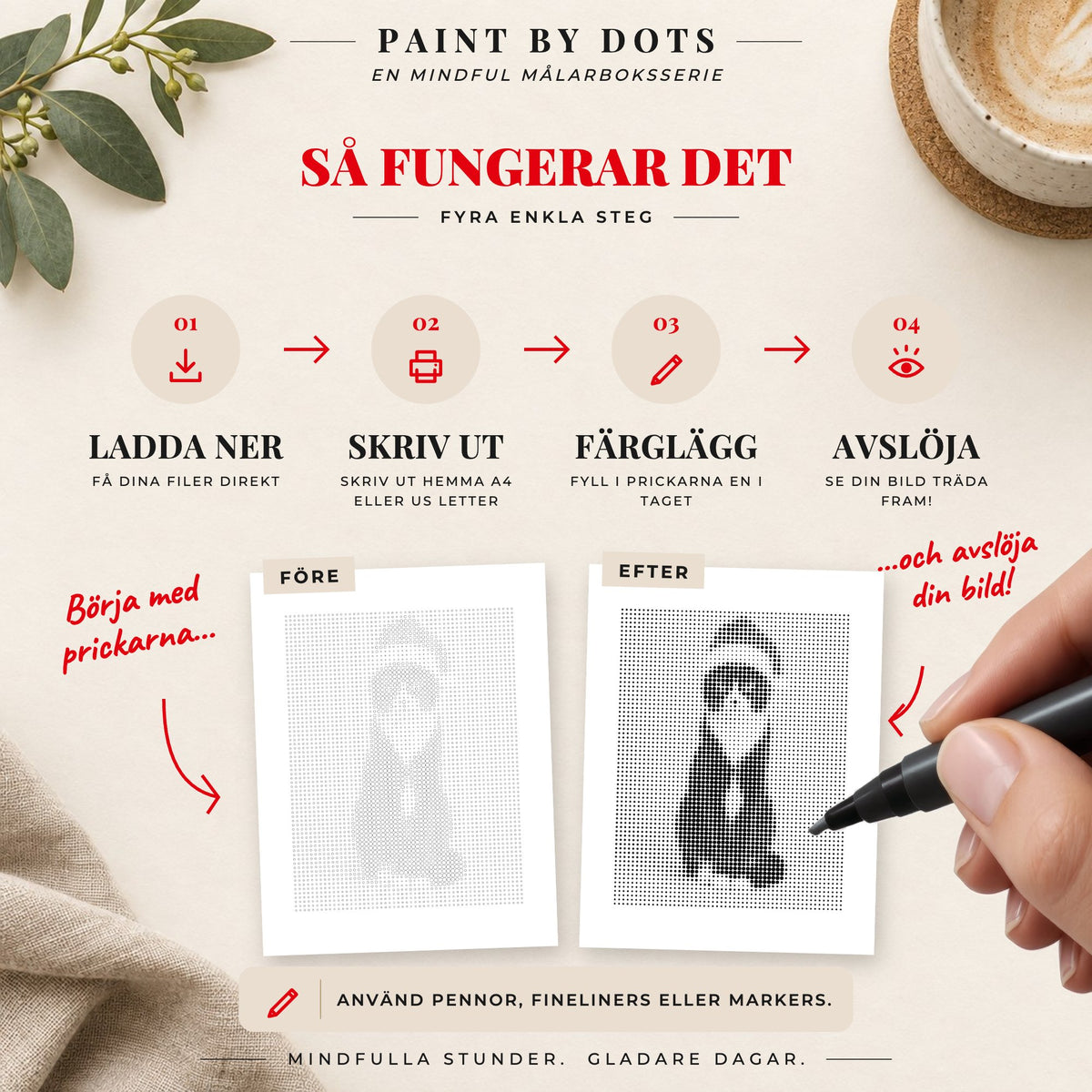Så laddar du ner, skriver ut och fyller cirklarna i Julkatter prickmålningsbok