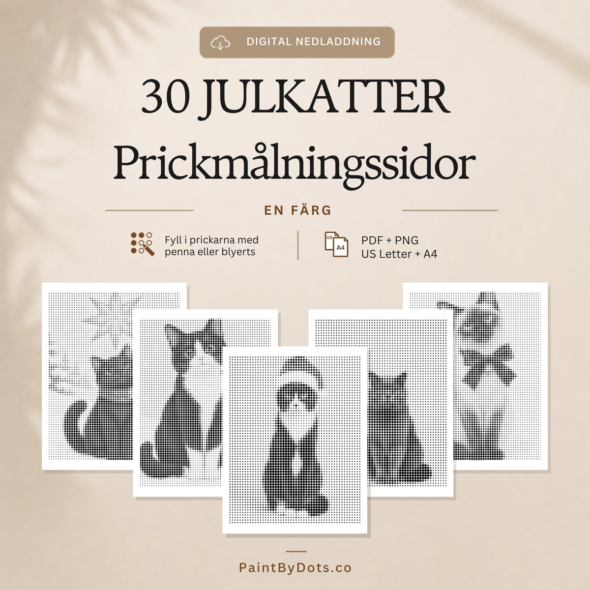 Julkatter digital nedladdning med 30 utskrivbara prickmålningssidor (dot painting)