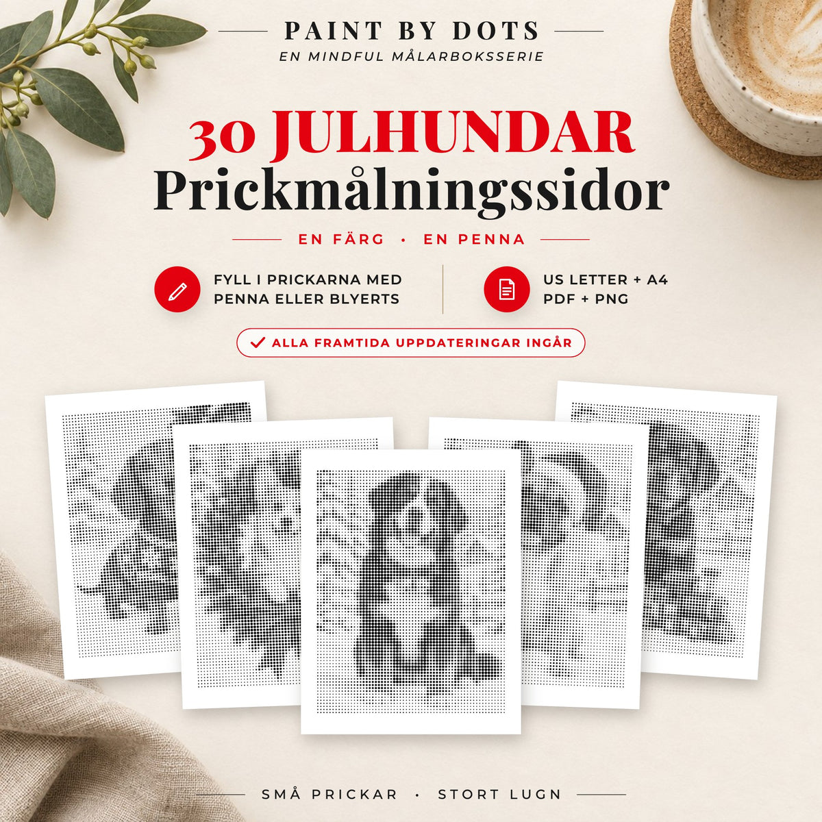 Omslag till Julhundar prickmålningsbok med 30 utskrivbara hundmotiv till jul