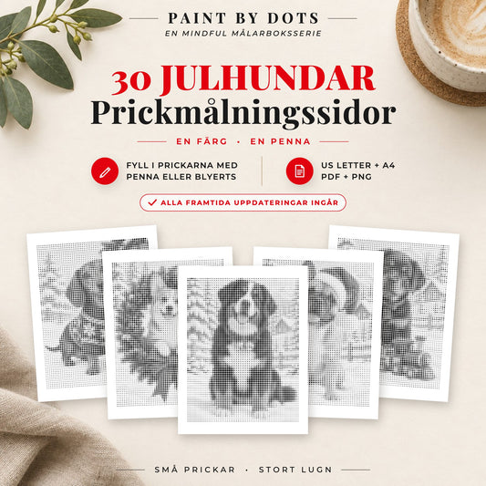 Omslag till Julhundar prickmålningsbok med 30 utskrivbara hundmotiv till jul