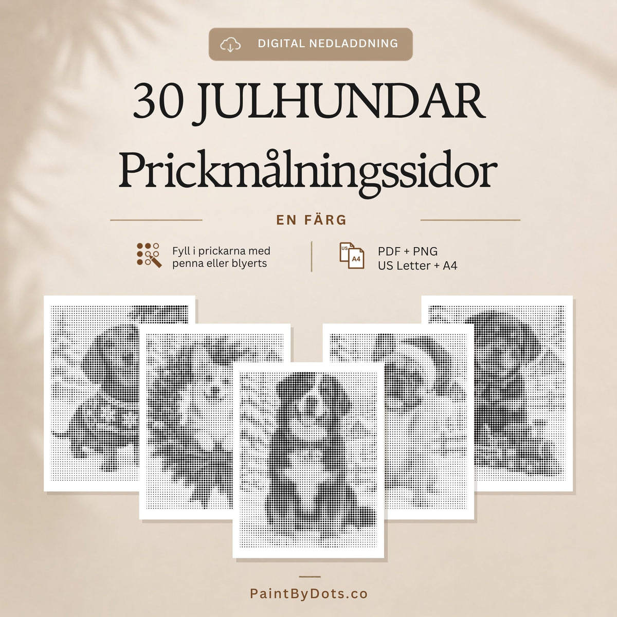 Julhundar digital nedladdning med 30 utskrivbara prickmålningssidor (dot painting)