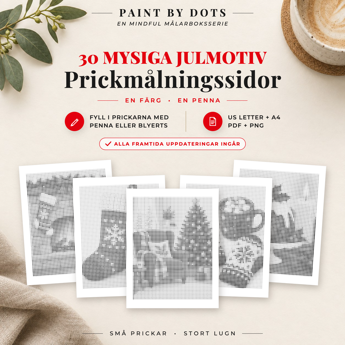 Omslag till Cosy Christmas prickmålningsbok med 30 utskrivbara julmotiv