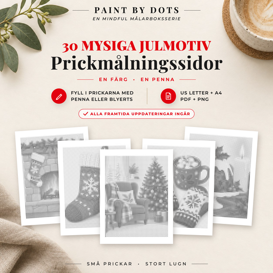 Omslag till Cosy Christmas prickmålningsbok med 30 utskrivbara julmotiv