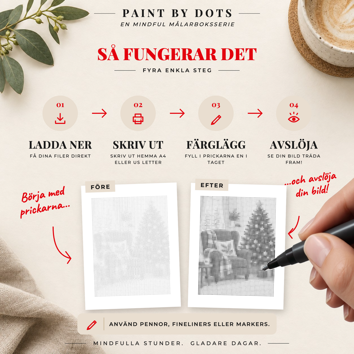 Så laddar du ner, skriver ut och fyller cirklarna i Cosy Christmas prickmålningsbok