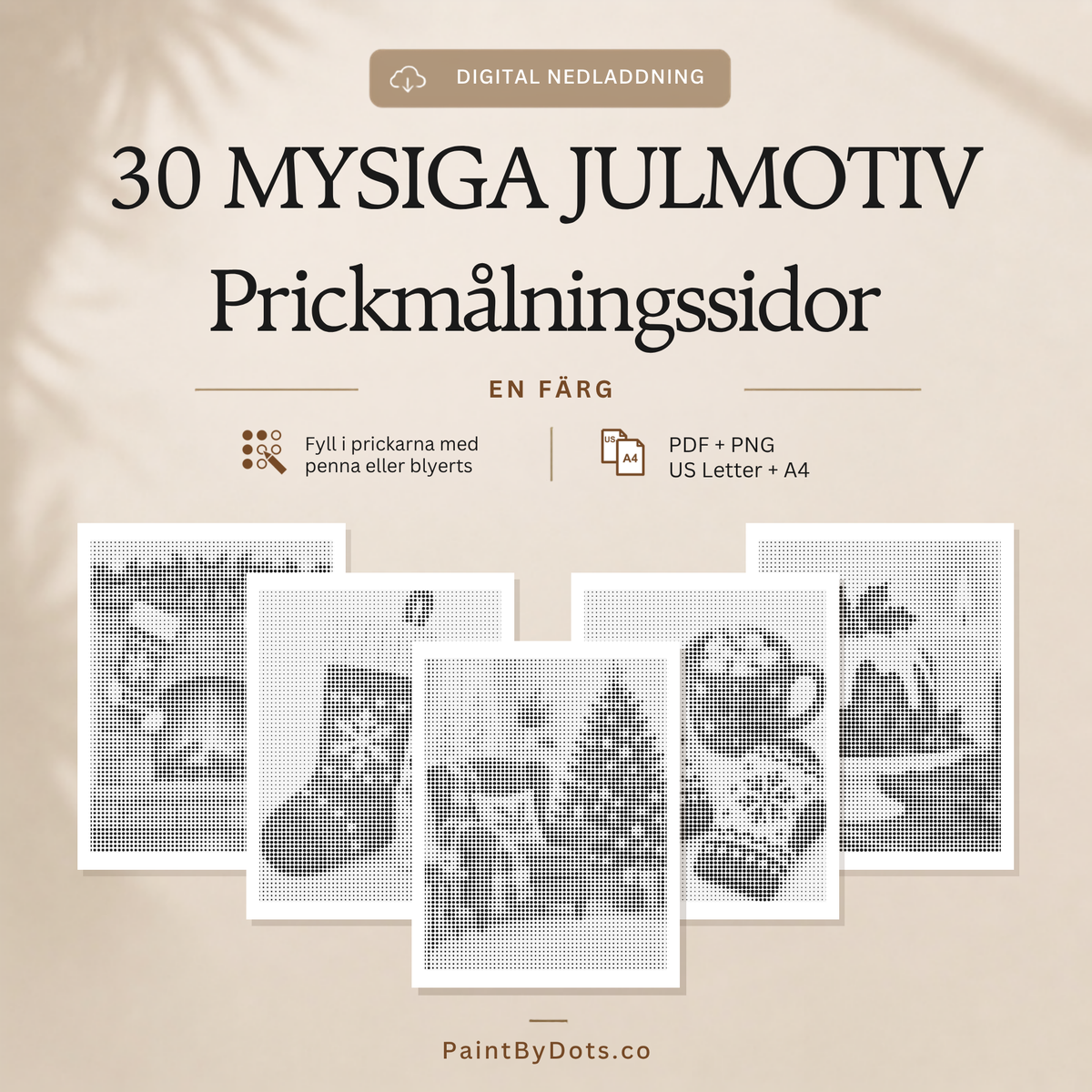 Cosy Christmas digital nedladdning med 30 utskrivbara prickmålningssidor för jul