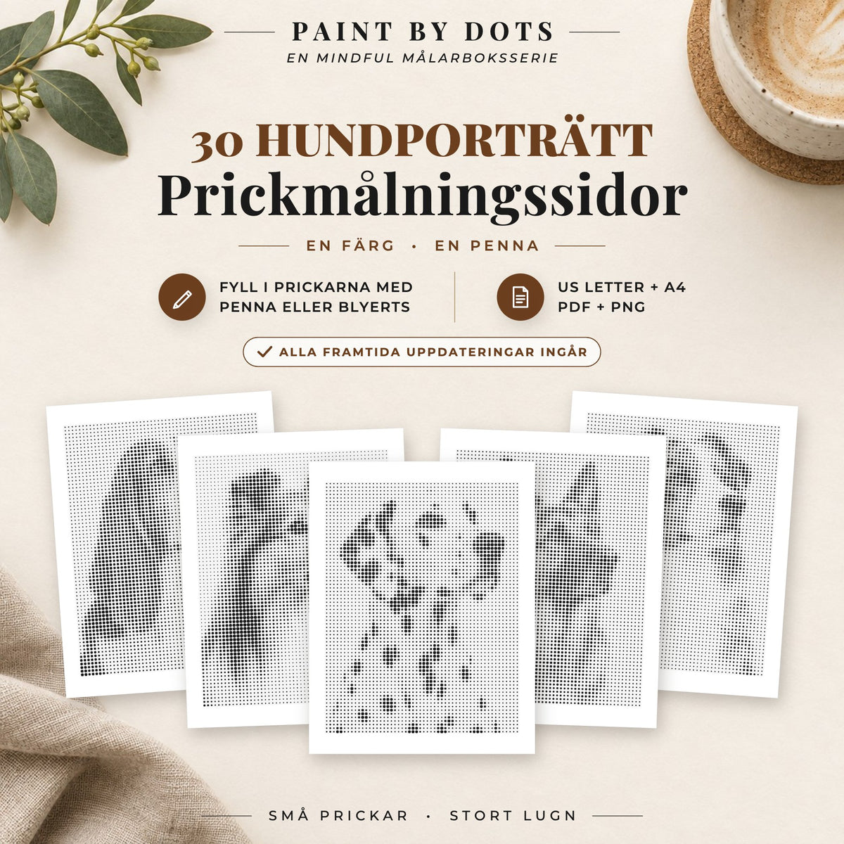 Omslag till Hundporträtt prickmålningsbok med 30 utskrivbara hundmotiv