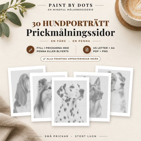 Omslag till Hundporträtt prickmålningsbok med 30 utskrivbara hundmotiv