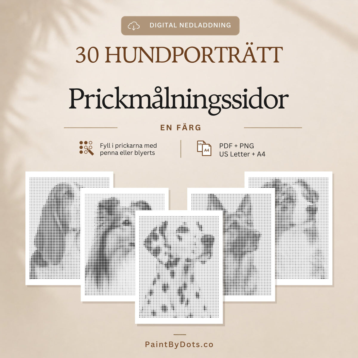 Hundporträtt digital nedladdning med 30 utskrivbara prickmålningssidor (dot painting)