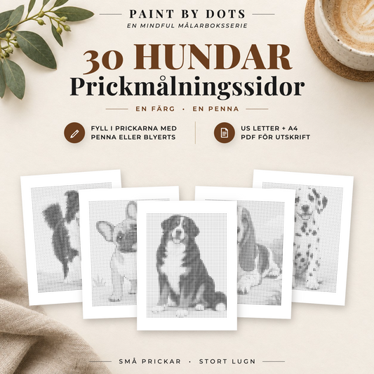 Omslag till prickmålningsboken med fem hundporträtt och 30 målarbilder med hundar att skriva ut som PDF i A4 och US Letter.