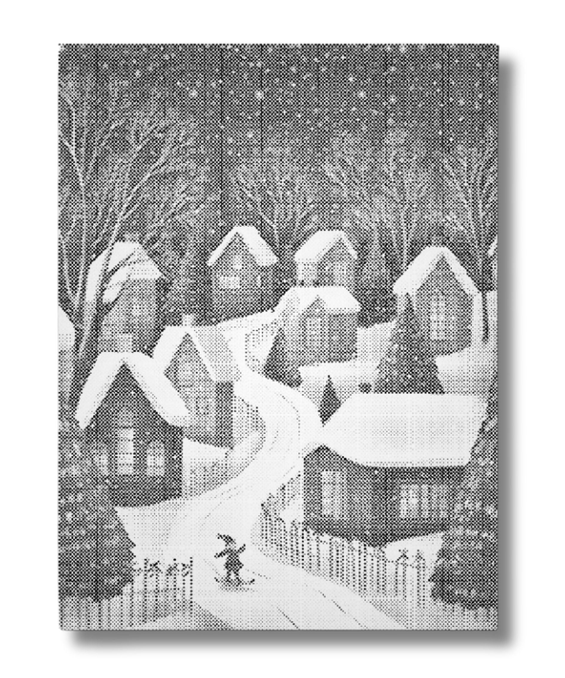 prickmålning av snöby med små hus vinterlandskap med snötäckt väg