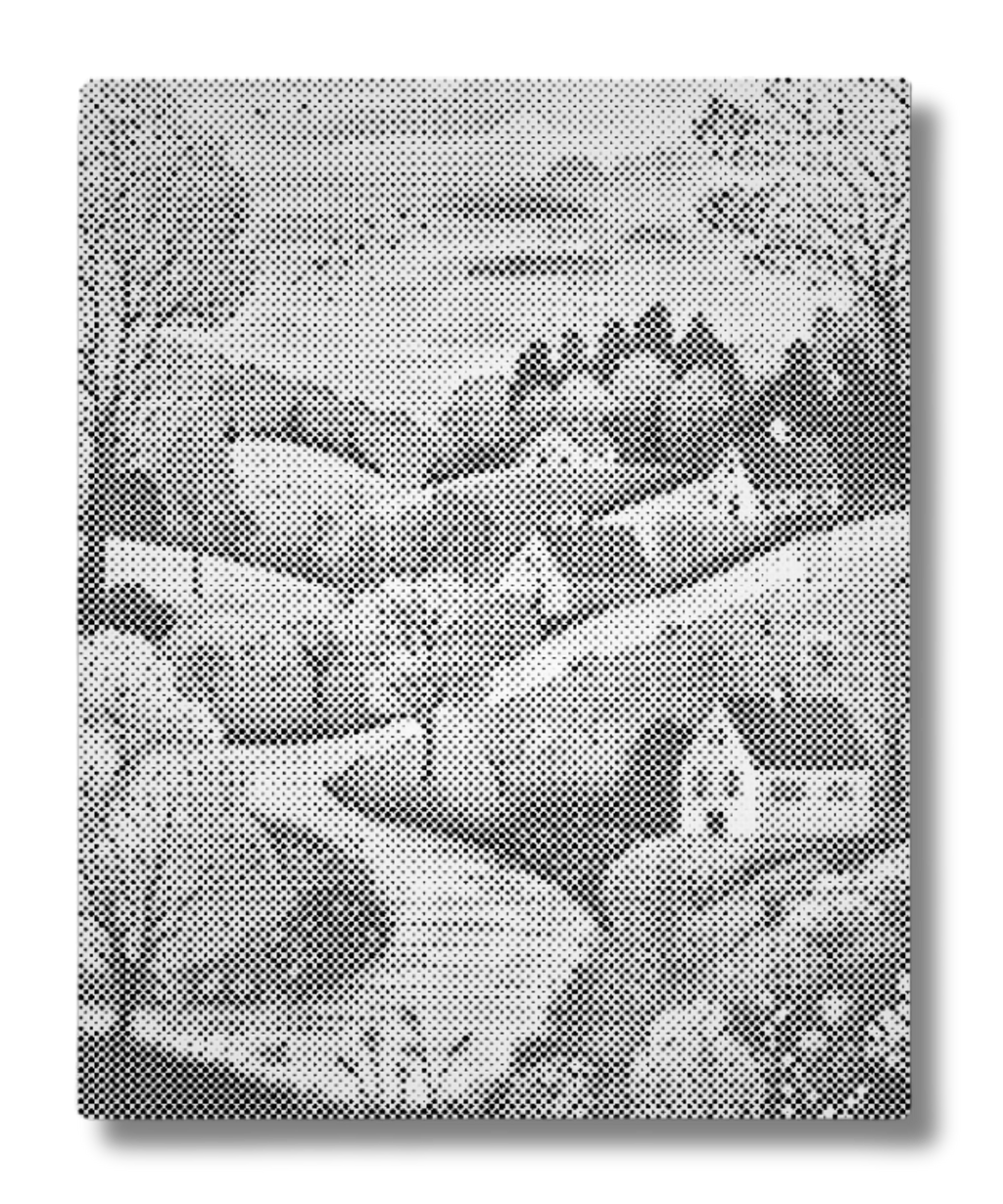 prickmålning av vinterby i snö mysigt vinterlandskap med hus och träd