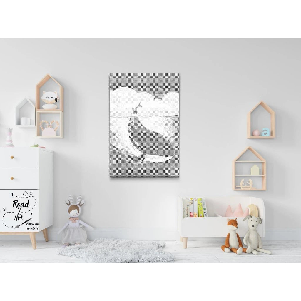 Prickmålning val – dot painting/prickkonst med havsmotiv.