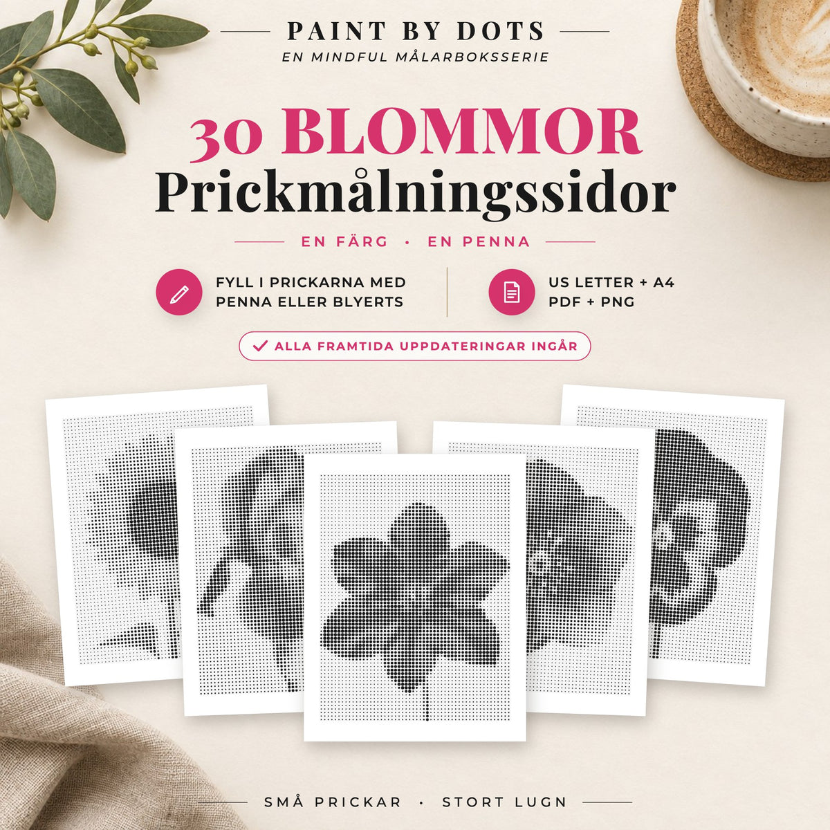 Omslag till Blommor prickmålningsbok med 30 utskrivbara blommotiv