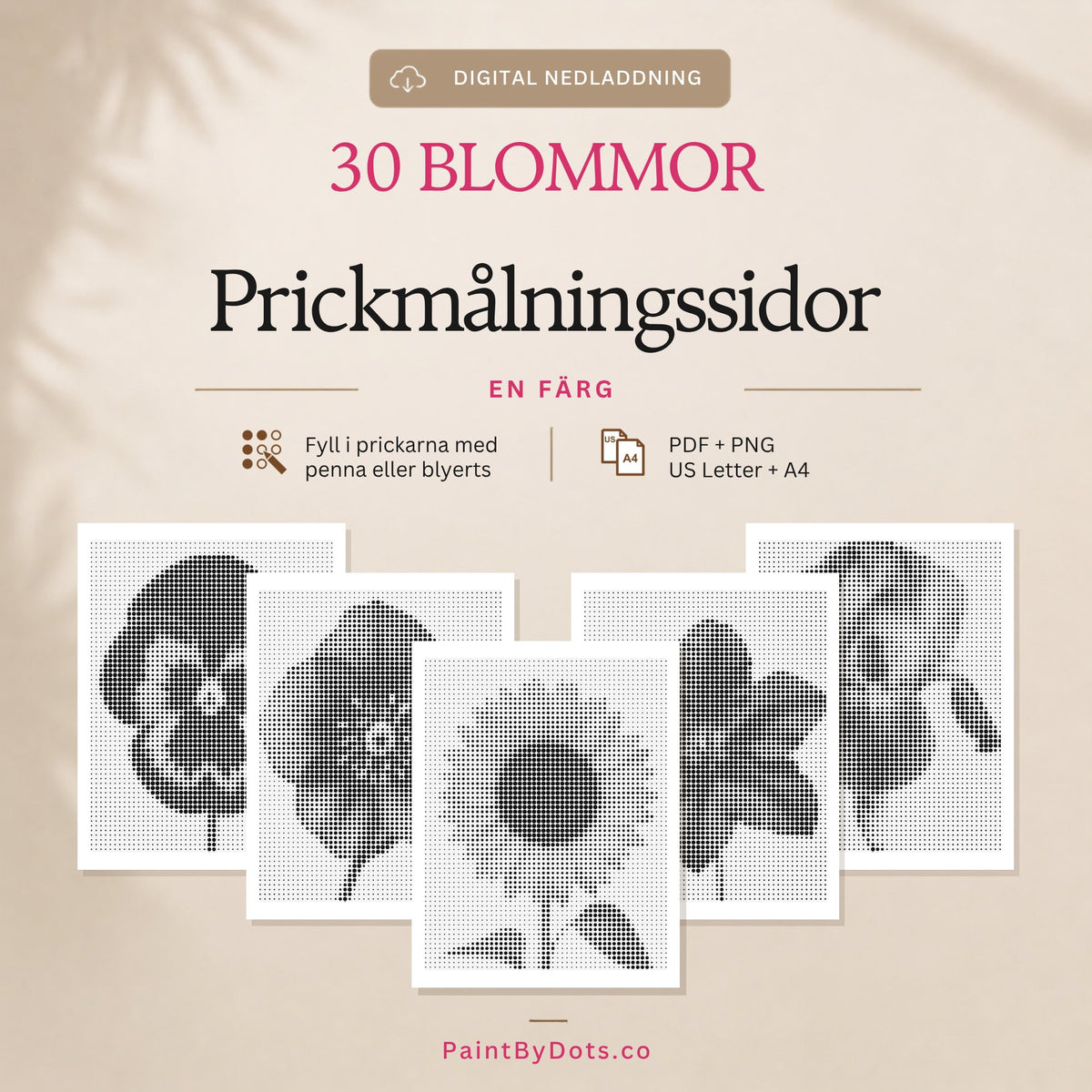 Blommor digital nedladdning med 30 utskrivbara prickmålningssidor (dot painting)